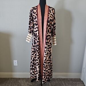 Leopard Print Long Duster Robe with Mixed Trim